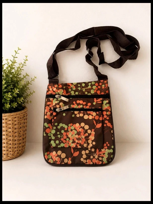 Sac bandoulière marron femme à motif floral multicolore